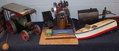 A Mamod Live Steam Tractor (unboxed), two horizontal Live Steam Engines and Model Motorboat (4)