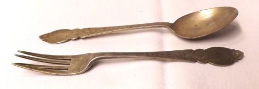 A George V Christening Fork and Spoon, the shaped handles with bright cut decoration, 5 ½” long (2)