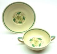 Six Susie Cooper floral decorated double-handled Soup Bowls and Saucers, 6 ½” diameter on saucers