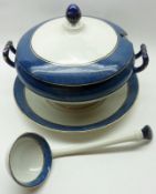 A Woods & Sons Powder Blue Soup Tureen with Stand and Ladle, 12” diameter