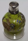A late Victorian blown green glass baluster Scent Bottle with hand painted floral decoration,