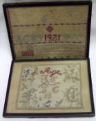 Two small framed Needlework Samplers, typical design with rows of letter and decoration, one