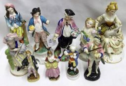 A group of ten various assorted late 19th and 20th Century Continental Figures, decorated in