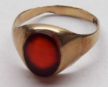 A hallmarked 9ct Gold Cornelian set Signet Ring (A/F)