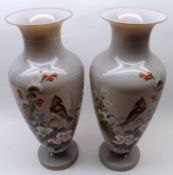 A pair of late 19th/early 20th Century French Opaque Glass Vases, decorated with perched birds