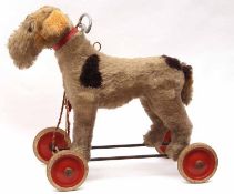 Steiff Straw-filled Pull-Along Terrier type Dog, mohair covered with amber glass eyes, black silk