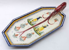 A Quimper Lobster Dish, decorated in colours with a lobster-shaped handle, 14” long