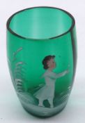 A small 19th Century Green Glass Beaker, the front decorated with a Mary Gregory type scene of child