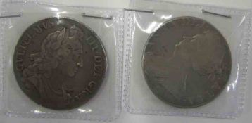 UK William III 1695 Crown + Queen Anne 1707 E Crown (2)