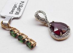 A hallmarked 9ct Gold large red stone and small Diamond surround Teardrop Design Pendant with open