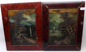 A pair of Oriental Decorative Relief Pictures in lacquered framed, 13 ½” x 10”
