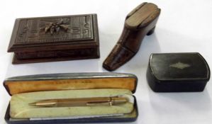 A Mixed Lot: a Rolled Gold Yard O’Lead Propelling Pencil; a small Wooden 3-compartment Stamp Box