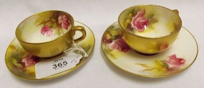A pair of Royal Worcester floral and gilt decorated Miniature Cabinet Cups and Saucers, saucers 4”