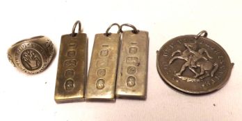 A Mixed Lot: three hallmarked Silver Ingot Pendants made for the Queen’s Silver Jubilee 1977; a Nail