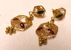 A pair of Indian high grade precious metal and enamelled Filigree drop Earrings, screw setting,