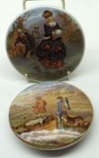 Two Prattware Pot Lids: “The Sportsman” and “Ice Skating”, both approximately 4” wide