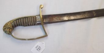 Vintage, probably Georgian, Sabre, shortened etched blade 21”, brass stirrup guard, lion’s head