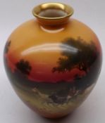 A small Royal Doulton Baluster Vase, decorated with a pastoral scene at sunset, signed W