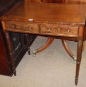 A 19th Century Mahogany Side Table with plain rectangular crossbanded top over two frieze drawers,