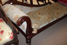 A Victorian Mahogany Chaise Longue, swept moulded and scrolled back over a moulded apron and