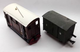 A narrow gauge 0-4-0 Garden Railway Battery Powered Tram, faux plank sides, wooden body, red painted