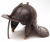 Cromwellian period Lobster Tail Helmet, replacement lugs, otherwise VGC, with wooden stand