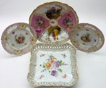 A Mixed Lot: a 20th Century square Dresden Dish with pierced rim, decorated with central panel of
