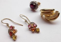 A pair of hallmarked 9ct Gold Gemstone Set Leaf Design Drop Earrings, with wire loops; together with