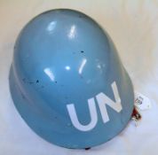 UN Blue and White Tin Helmet with leather chin strap