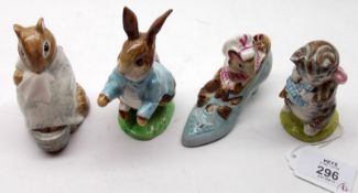 Four Beswick Beatrix Potter Models: “Miss Moppet” 2nd variation, BP3B; “The Old Woman who Lived in a