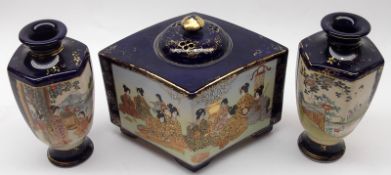 A 20th Century Satsuma Garniture, comprising a central oblong shaped Pot-Pourri Container with