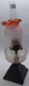 A Victorian Oil Lamp, clear glass chimney, opaque frosted glass shade (probable replacement),