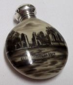 An Edwardian small circular ceramic flask formed Scent Bottle, partially hand painted and transfer