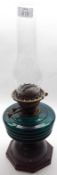 A late 19th/early 20th Century Oil Lamp, the octagonal metal base to a turquoise glass font, brass