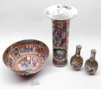 A small collection of famille rose ware, comprises a Trumpet Vase, pair of small balustered Spill