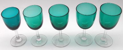 Five Turquoise Bowled and Clear Stemmed Small Wine Glasses, the largest 5” high (5)