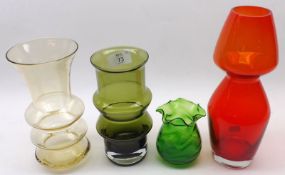 A group of four assorted 20th Century Coloured Art Glass Vases, the largest 10” high (4)