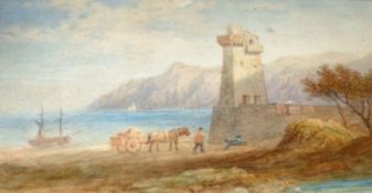 An English School Watercolour depicting 19th Century Coastal Scene with figure and dog by lighthouse