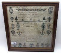 A Sampler, silk/wool stitched on linen, verse etc, by Hannah Whisson of Colton, Norfolk, 18th/19th