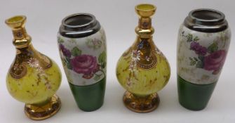 A pair of small Bridgewood & Sons floral decorated Tapering Vases with EPNS collars; together with a