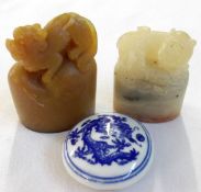 Two Oriental Soap Stone Table Seals and a small lidded blue and white Rouge Pot