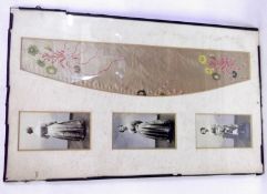A framed and glazed 1930s hand embroidered piece of Brocade Fabric, inset with three photographs