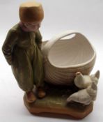 A Royal Dux Model of a young child with large basket and two hens, decorated throughout in