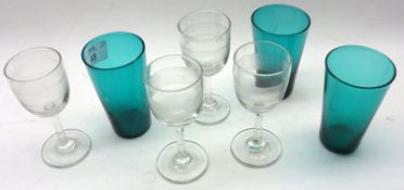 Four Edwardian Clear Sherry Glasses with cut detail; together with three Turquoise Glass Tumblers (