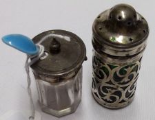 An Edward VII Cylindrical Pepper with foliate pierced decoration, green glass liner, 2 ¾” tall,