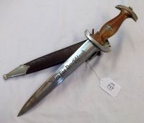 Third Reich SA Service Dagger, ER and S Solingen etched blade, wooden grip, nickel plated mounted