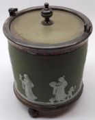 A Green Jasperware Biscuit Barrel, decorated with white classical sprigs, fitted with EPNS