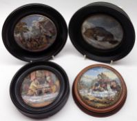 A group of four Prattware Pot Lids in wooden socles: “The Snowdrift”, “I See You My Boy”, “The