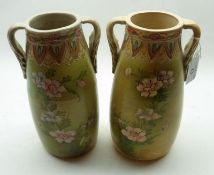 A pair of 20th Century Satsuma Spill Vases of two-handled spreading circular form, decorated in