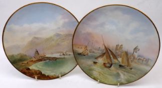 A pair of decorative Circular Plates, painted in colours with titled scenes of Portsmouth Harbour